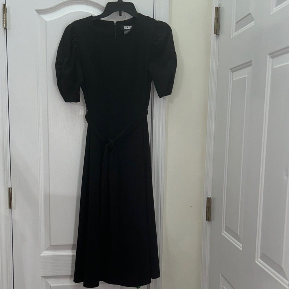 DKNY Black Midi Dress with Puff Sleeves and Tie Waist